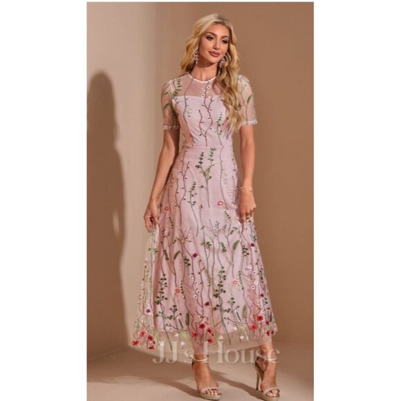 JJ'sHouse Elegant Pink Embroidered Maxi Dress Women’s Formal Gown Floral S - Picture 1 of 13